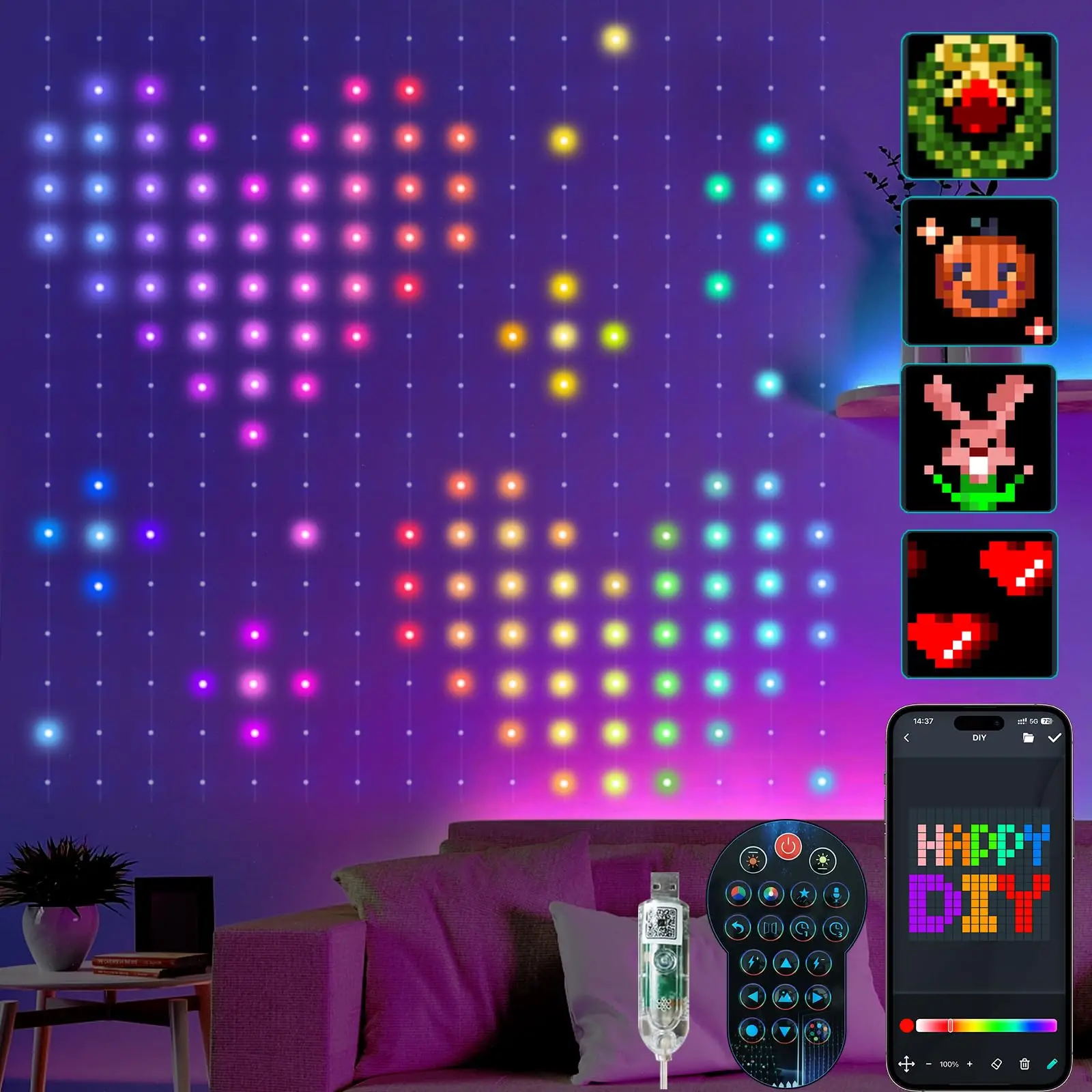 LED Decoration RGB curtain Smart Lights App Controlled String Fairy Lights DIY Pattern and Text Programmable Music Sync Reote