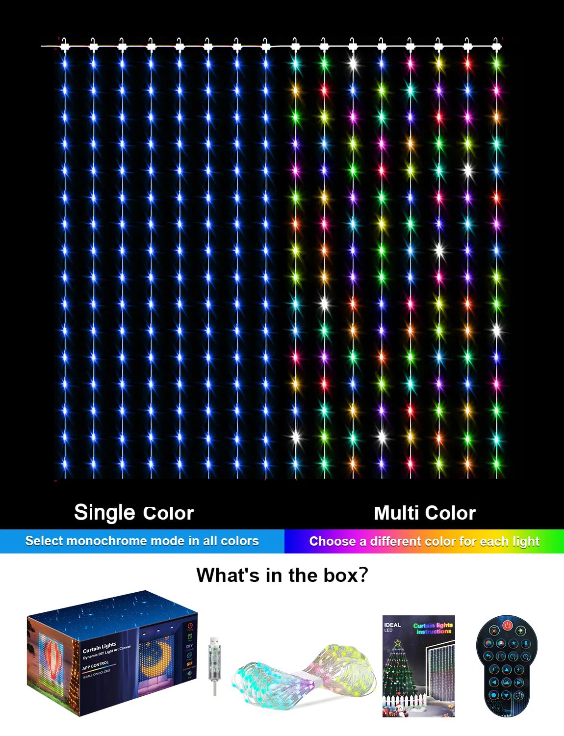 LED Decoration RGB curtain Smart Lights App Controlled String Fairy Lights DIY Pattern and Text Programmable Music Sync Reote