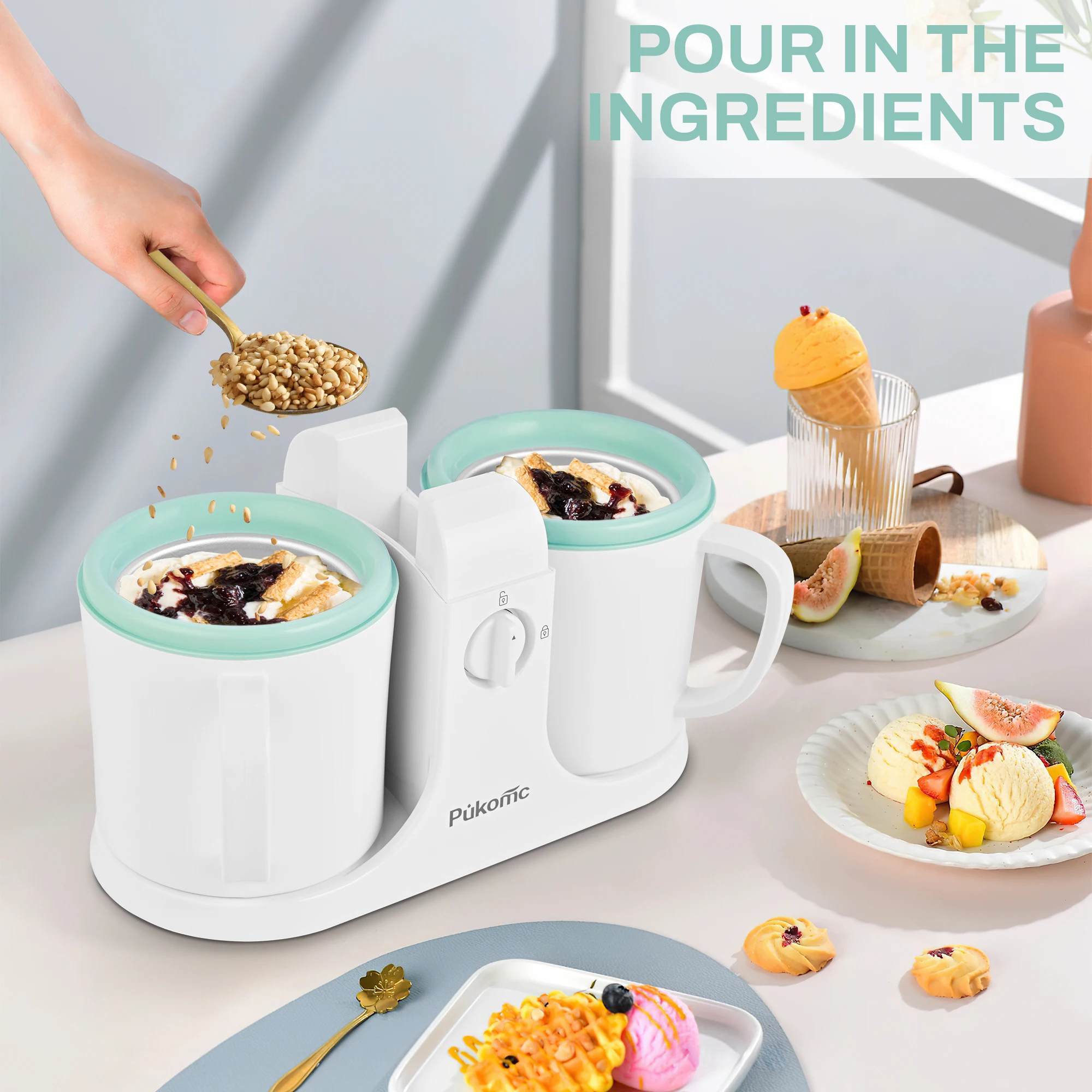 Automatic Ice Cream Maker with Built-in Compressor Party Essential Ice Cream Maker Machine, Dual 500ml Cups with Timer, 120V US