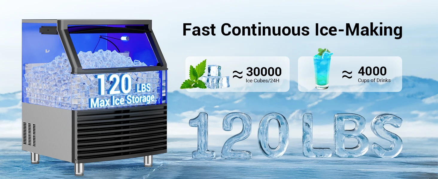 Commercial Ice Maker Machine 450LBS/24H Under Counter Ice Machine Upgrade Compressor 120LBS Storage Bin Freestanding Ice Maker