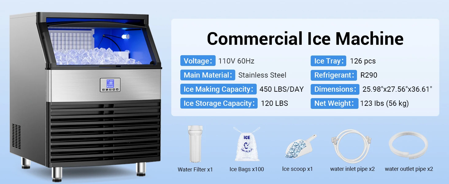 Commercial Ice Maker Machine 450LBS/24H Under Counter Ice Machine Upgrade Compressor 120LBS Storage Bin Freestanding Ice Maker