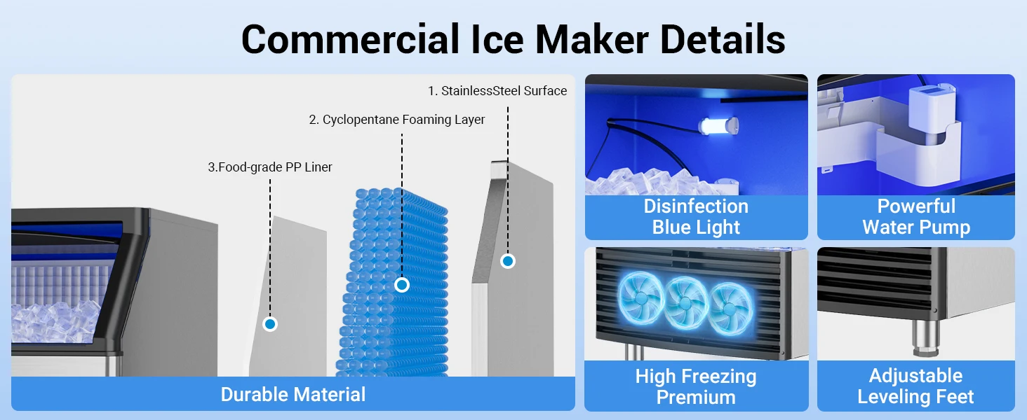 Commercial Ice Maker Machine 450LBS/24H Under Counter Ice Machine Upgrade Compressor 120LBS Storage Bin Freestanding Ice Maker