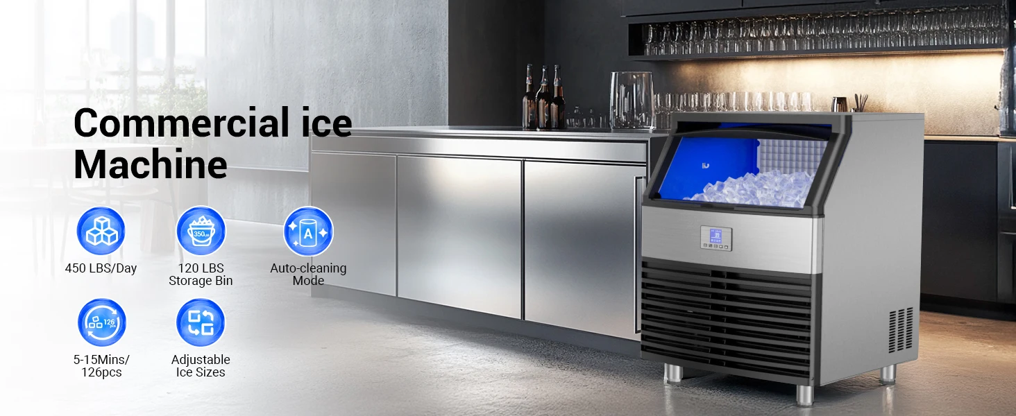 Commercial Ice Maker Machine 450LBS/24H Under Counter Ice Machine Upgrade Compressor 120LBS Storage Bin Freestanding Ice Maker