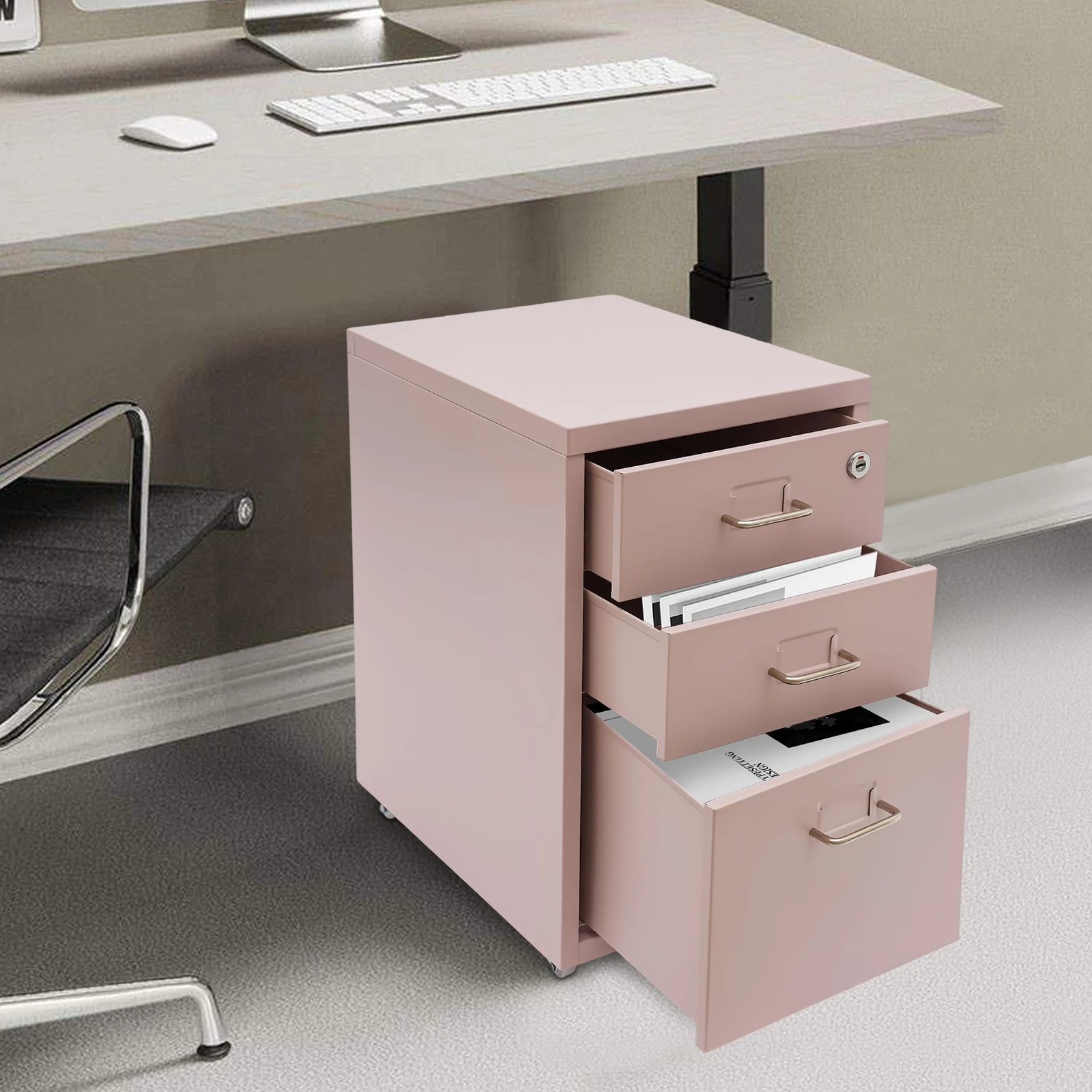3 Tiers Rectangular Steel Vertical File Cabinet,Pink/White/Black Metal Mobile File Cabinet with Lock for Office,Study