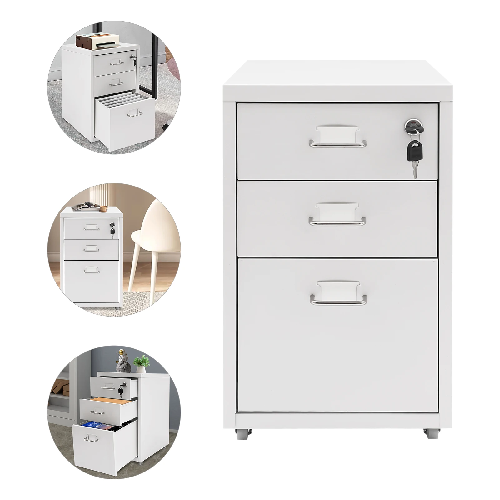 3 Tiers Rectangular Steel Vertical File Cabinet,Pink/White/Black Metal Mobile File Cabinet with Lock for Office,Study
