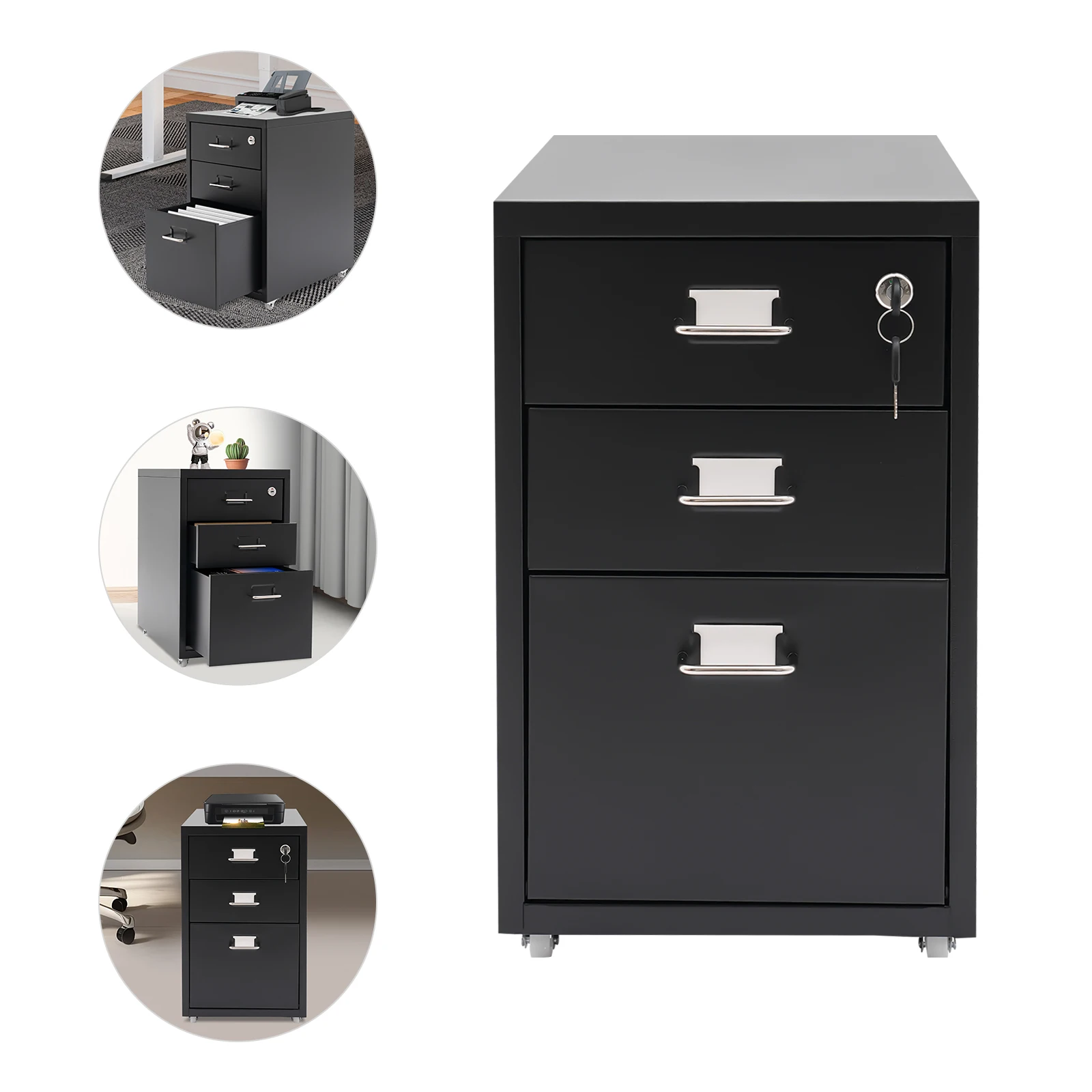 3 Tiers Rectangular Steel Vertical File Cabinet,Pink/White/Black Metal Mobile File Cabinet with Lock for Office,Study