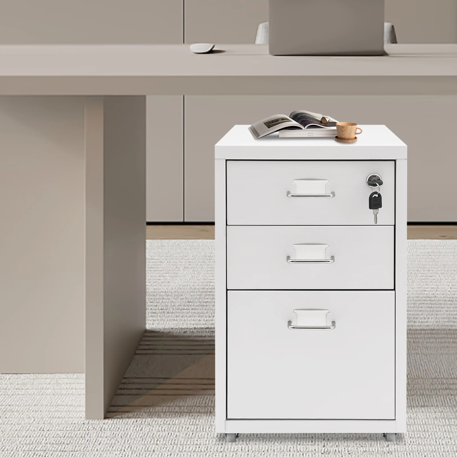 3 Tiers Rectangular Steel Vertical File Cabinet,Pink/White/Black Metal Mobile File Cabinet with Lock for Office,Study