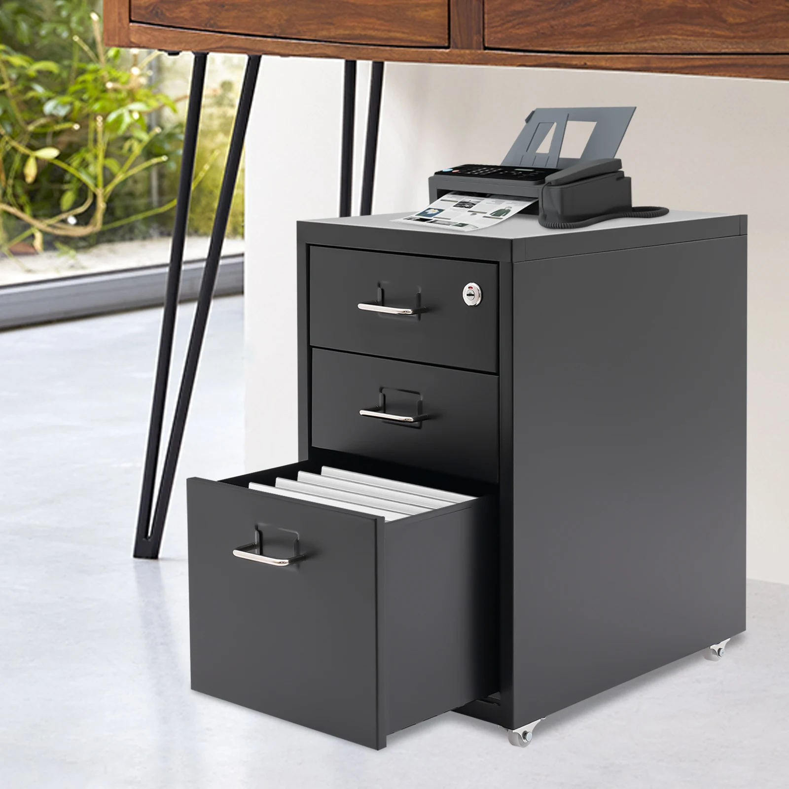 3 Tiers Rectangular Steel Vertical File Cabinet,Pink/White/Black Metal Mobile File Cabinet with Lock for Office,Study