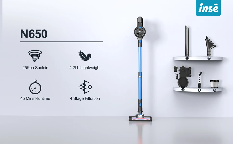INSE N650 Cordless Vacuum Cleaner, 25Kpa Lightweight Stick Vacuum, Up to 45 Min