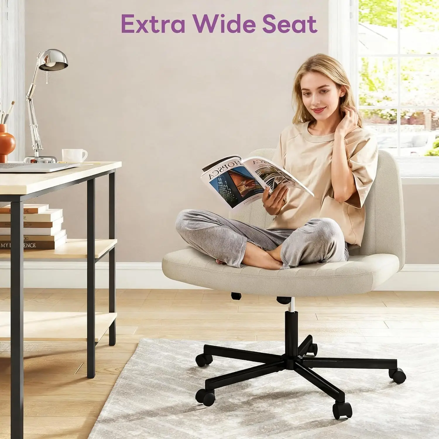 Criss Cross Chair, Extra Wide Armless Rolling Office Desk Chair with Wheels, Plus Size Viral Vanity Legged Chair, Bedroom Beige