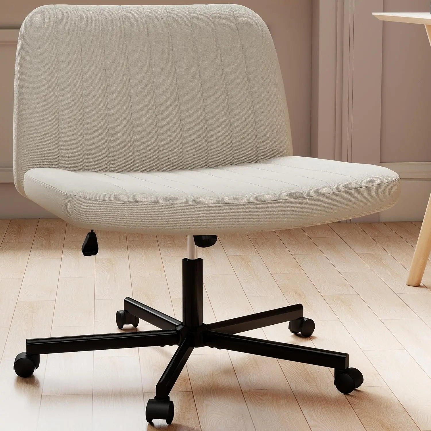 Criss Cross Chair, Extra Wide Armless Rolling Office Desk Chair with Wheels, Plus Size Viral Vanity Legged Chair, Bedroom Beige