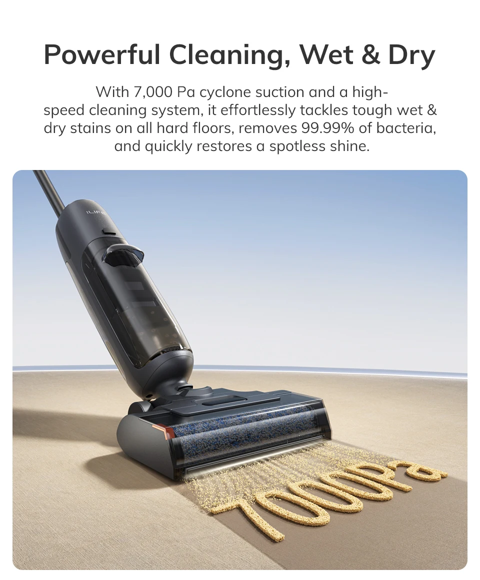 ILIFE W90 Pro Cordless Wireless Wet Dry Smart Mop Washing ,7000Pa Suction, 1Min Self Cleaning, Large Dual Water Tank,Update W90