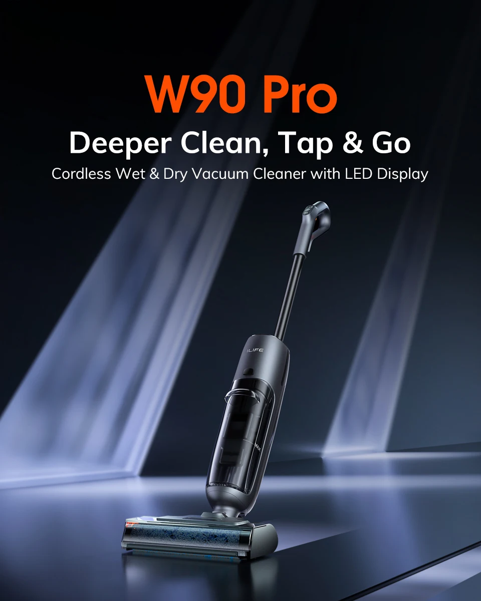 ILIFE W90 Pro Cordless Wireless Wet Dry Smart Mop Washing ,7000Pa Suction, 1Min Self Cleaning, Large Dual Water Tank,Update W90