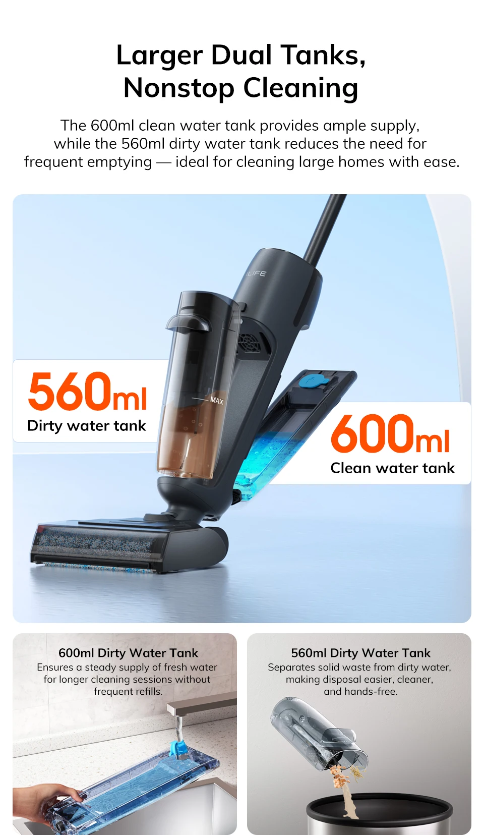 ILIFE W90 Pro Cordless Wireless Wet Dry Smart Mop Washing ,7000Pa Suction, 1Min Self Cleaning, Large Dual Water Tank,Update W90