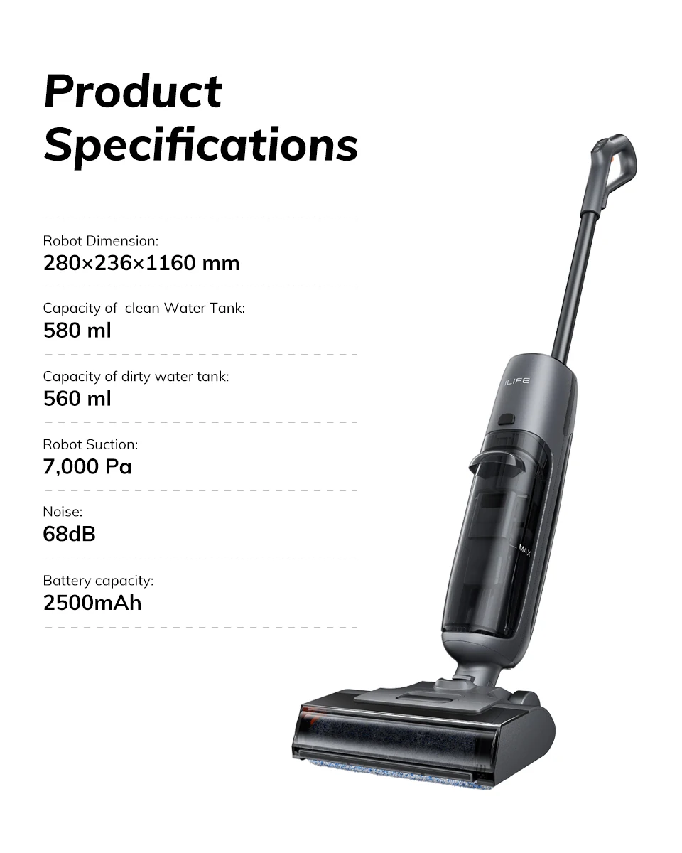 ILIFE W90 Pro Cordless Wireless Wet Dry Smart Mop Washing ,7000Pa Suction, 1Min Self Cleaning, Large Dual Water Tank,Update W90