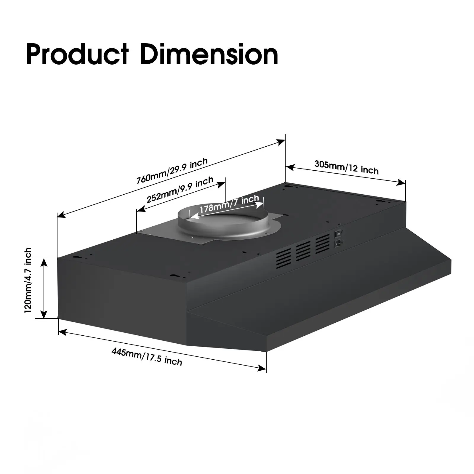 24/30/36" Under Cabinet Range Hood 280CFM Convertible Ducted/Ductless, 2-Speed & LED Light,Stainless Steel,Removable Filter