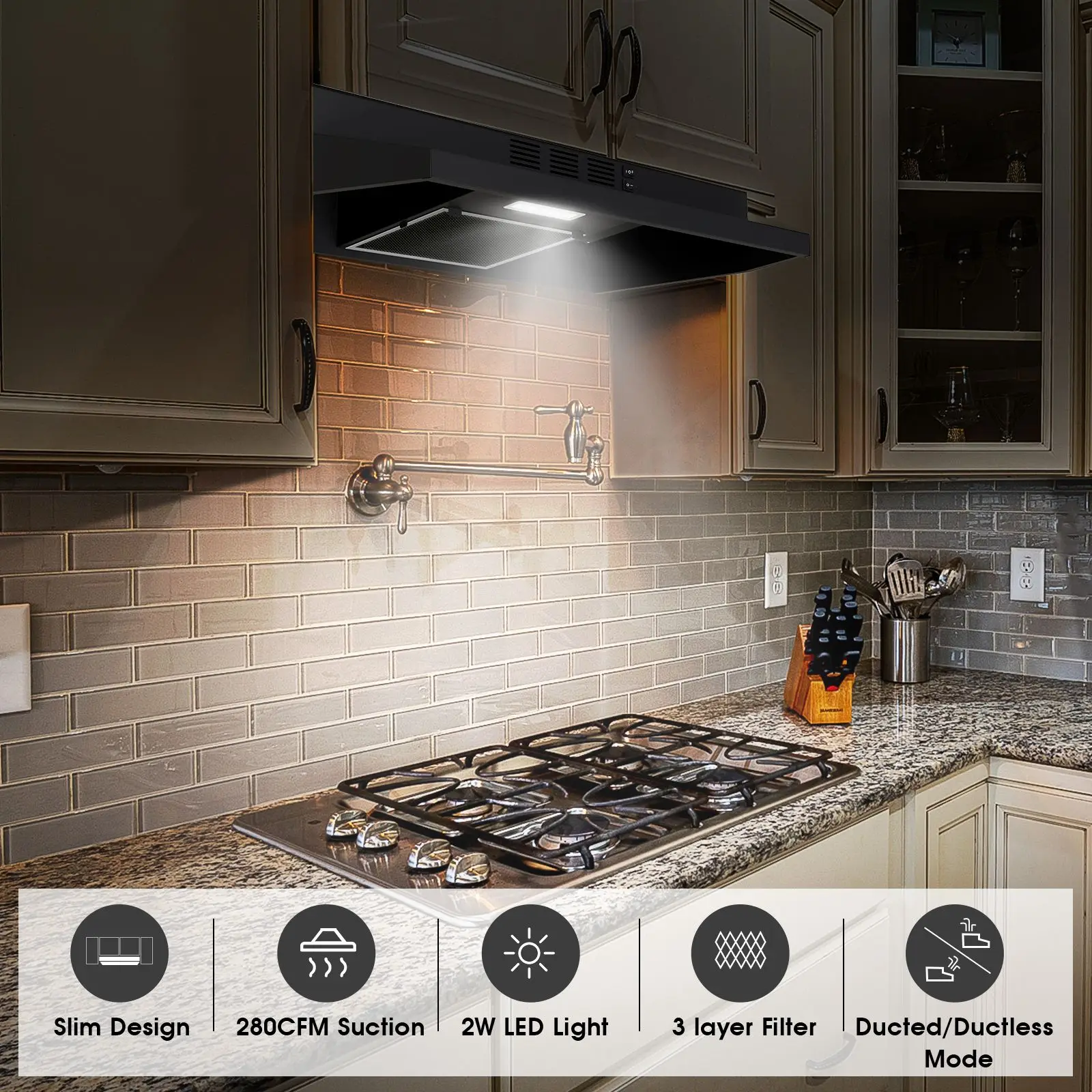 24/30/36" Under Cabinet Range Hood 280CFM Convertible Ducted/Ductless, 2-Speed & LED Light,Stainless Steel,Removable Filter