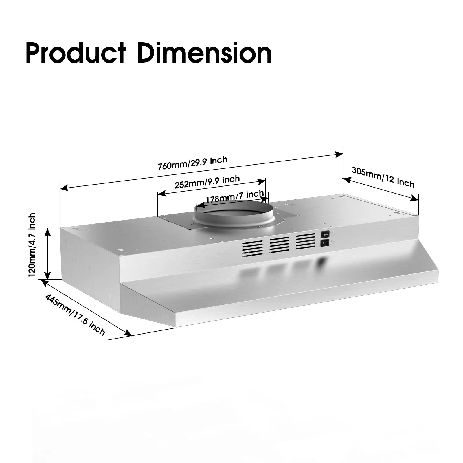 24/30/36" Under Cabinet Range Hood 280CFM Convertible Ducted/Ductless, 2-Speed & LED Light,Stainless Steel,Removable Filter