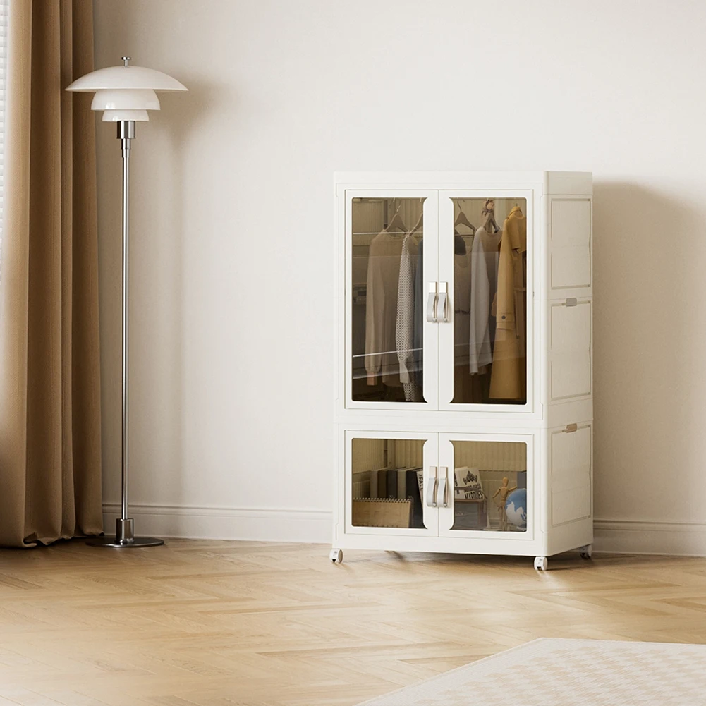 Portable Closet Plastic Wardrobe with Hanging Rod Multi-Function Storage Shelf with Clear Door Closet Organizer for Clothes