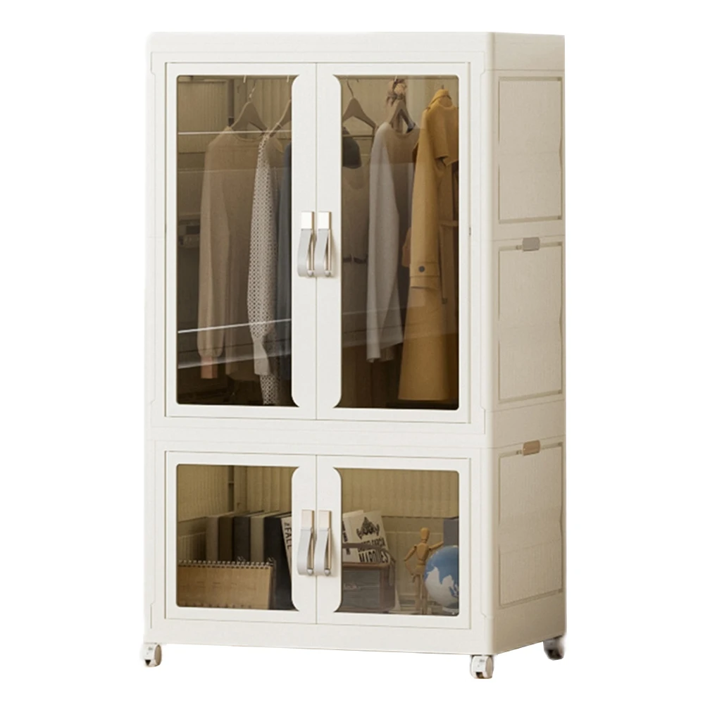 Portable Closet Plastic Wardrobe with Hanging Rod Multi-Function Storage Shelf with Clear Door Closet Organizer for Clothes