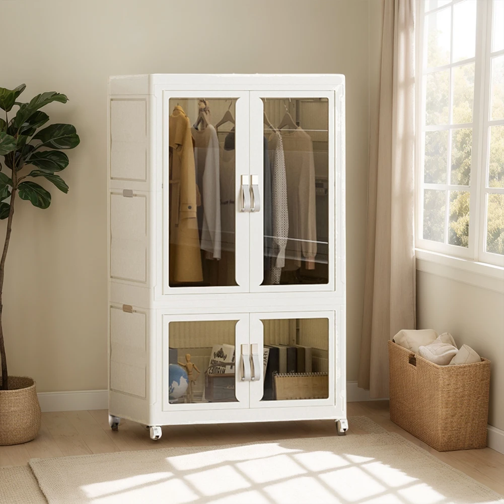 Portable Closet Plastic Wardrobe with Hanging Rod Multi-Function Storage Shelf with Clear Door Closet Organizer for Clothes
