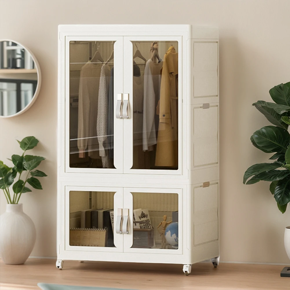 Portable Closet Plastic Wardrobe with Hanging Rod Multi-Function Storage Shelf with Clear Door Closet Organizer for Clothes