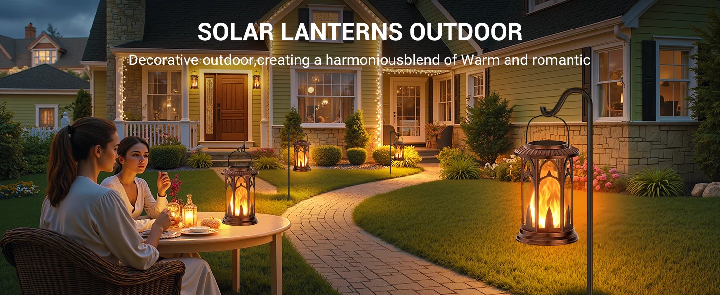 Solar Lantern Outdoor Lights, Upgraded Flickering Flame Solar Lanterns Outdoor Waterproof, Auto ON/Off Lanterns Decorative Outdo