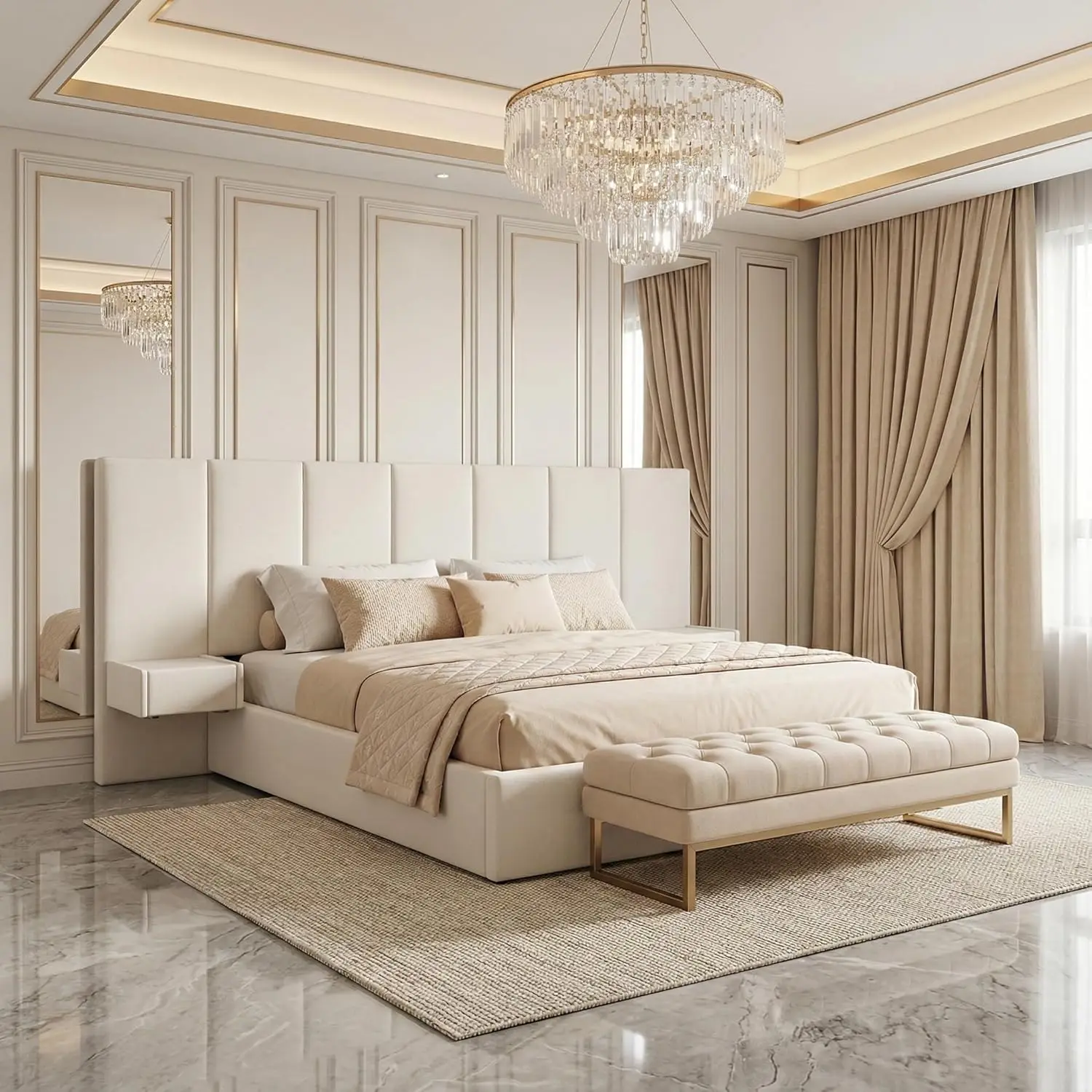King Upholstered Platform Bed Lift-Up Storage Velvet Headboard Built-in Nightstands No Box Spring Needed Beige Customized