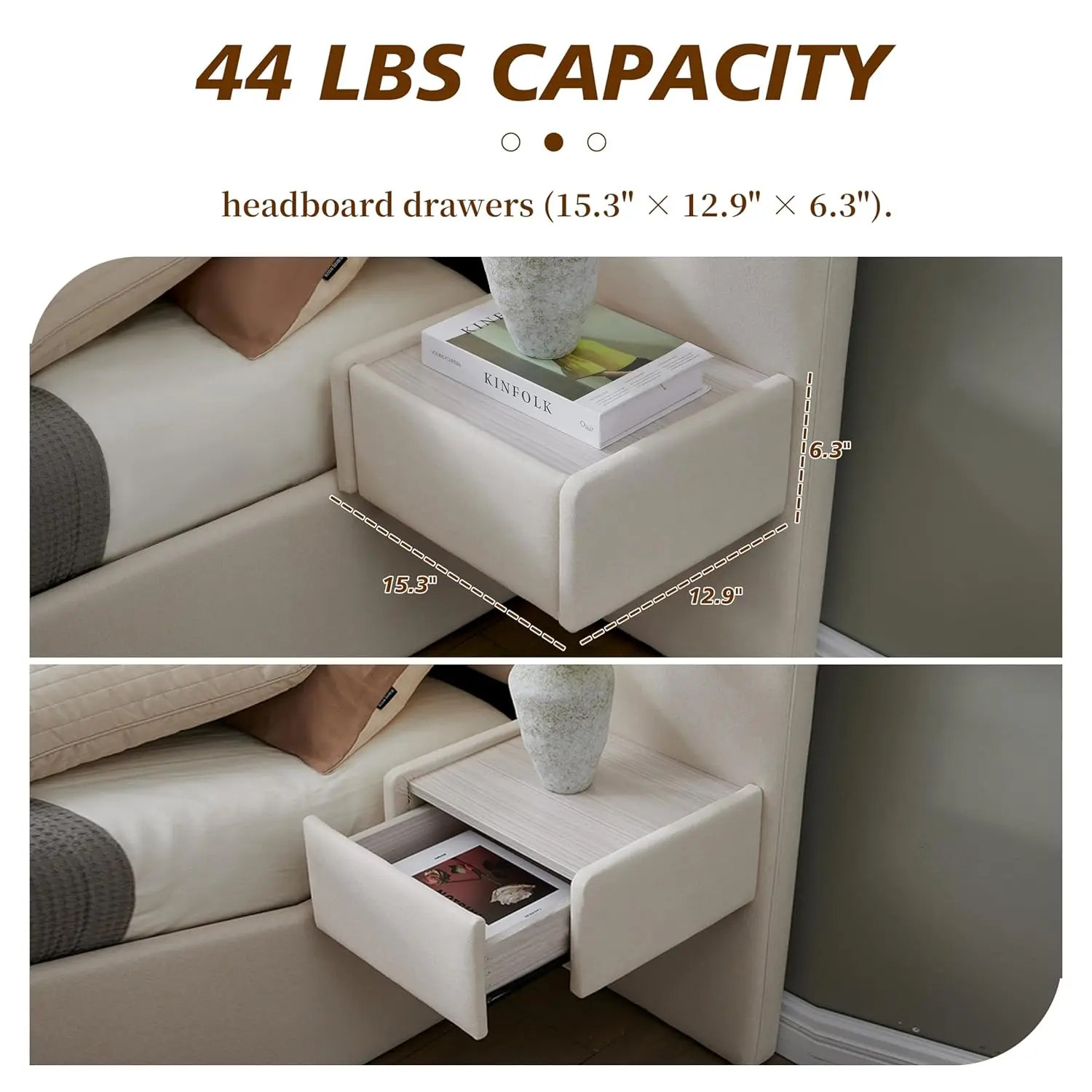 King Upholstered Platform Bed Lift-Up Storage Velvet Headboard Built-in Nightstands No Box Spring Needed Beige Customized