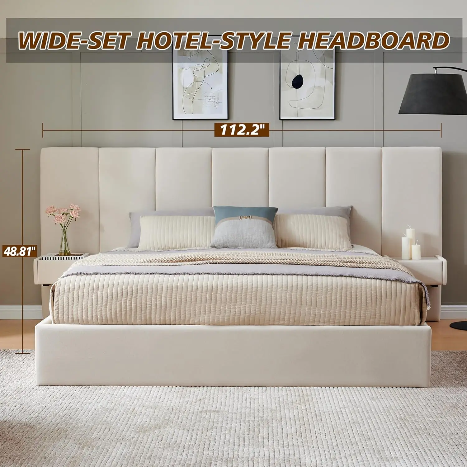 King Upholstered Platform Bed Lift-Up Storage Velvet Headboard Built-in Nightstands No Box Spring Needed Beige Customized