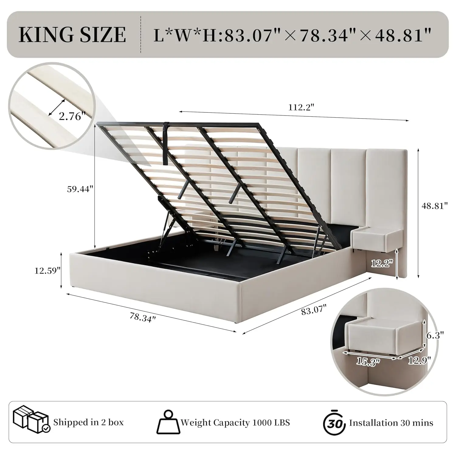 King Upholstered Platform Bed Lift-Up Storage Velvet Headboard Built-in Nightstands No Box Spring Needed Beige Customized