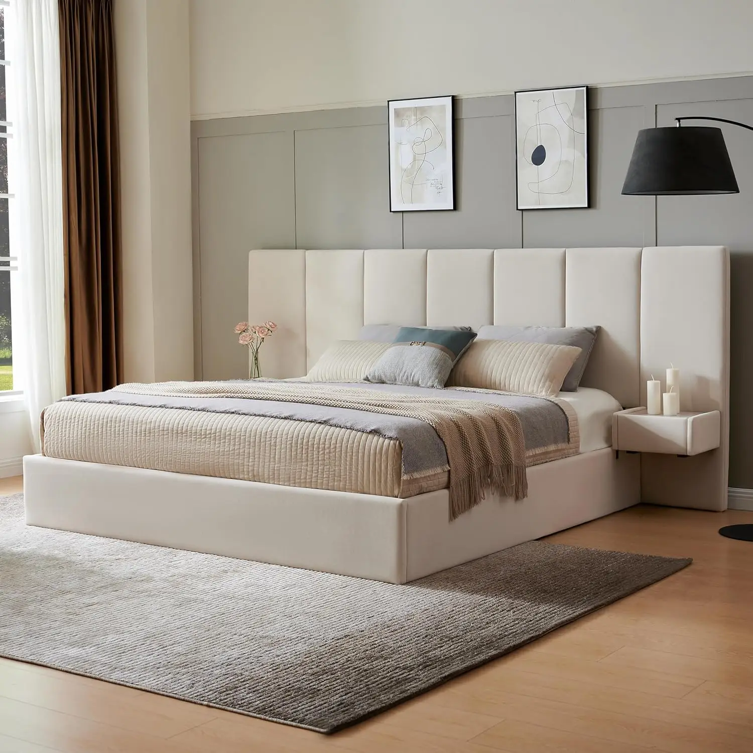 King Upholstered Platform Bed Lift-Up Storage Velvet Headboard Built-in Nightstands No Box Spring Needed Beige Customized