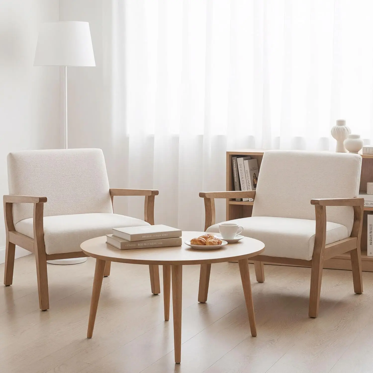 Mid Century Accent Chair Set 2 Wood Frame Linen Upholstery Living Room Bedroom Ivory Customized