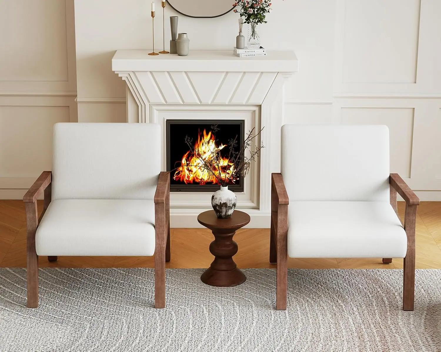 Mid Century Accent Chair Set 2 Wood Frame Linen Upholstery Living Room Bedroom Ivory Customized