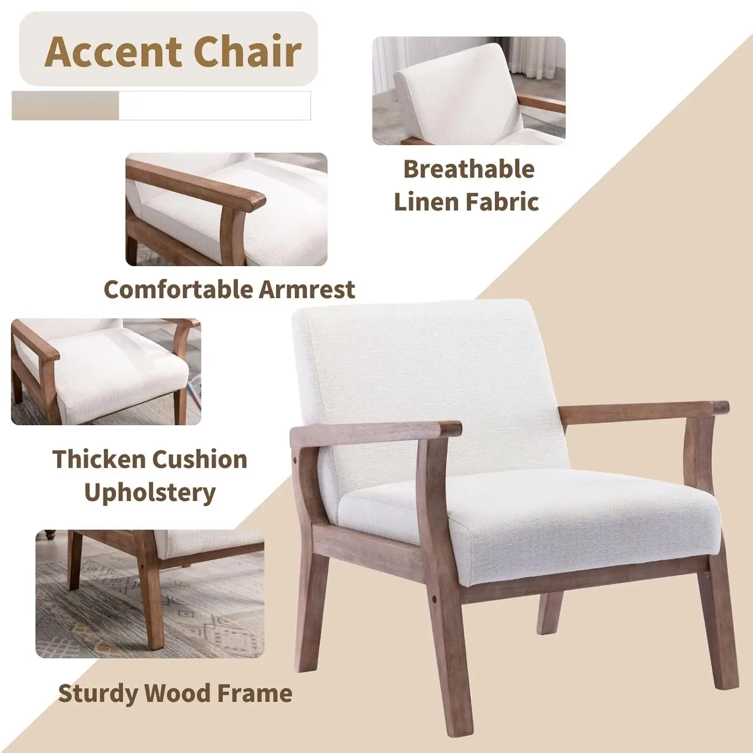 Mid Century Accent Chair Set 2 Wood Frame Linen Upholstery Living Room Bedroom Ivory Customized