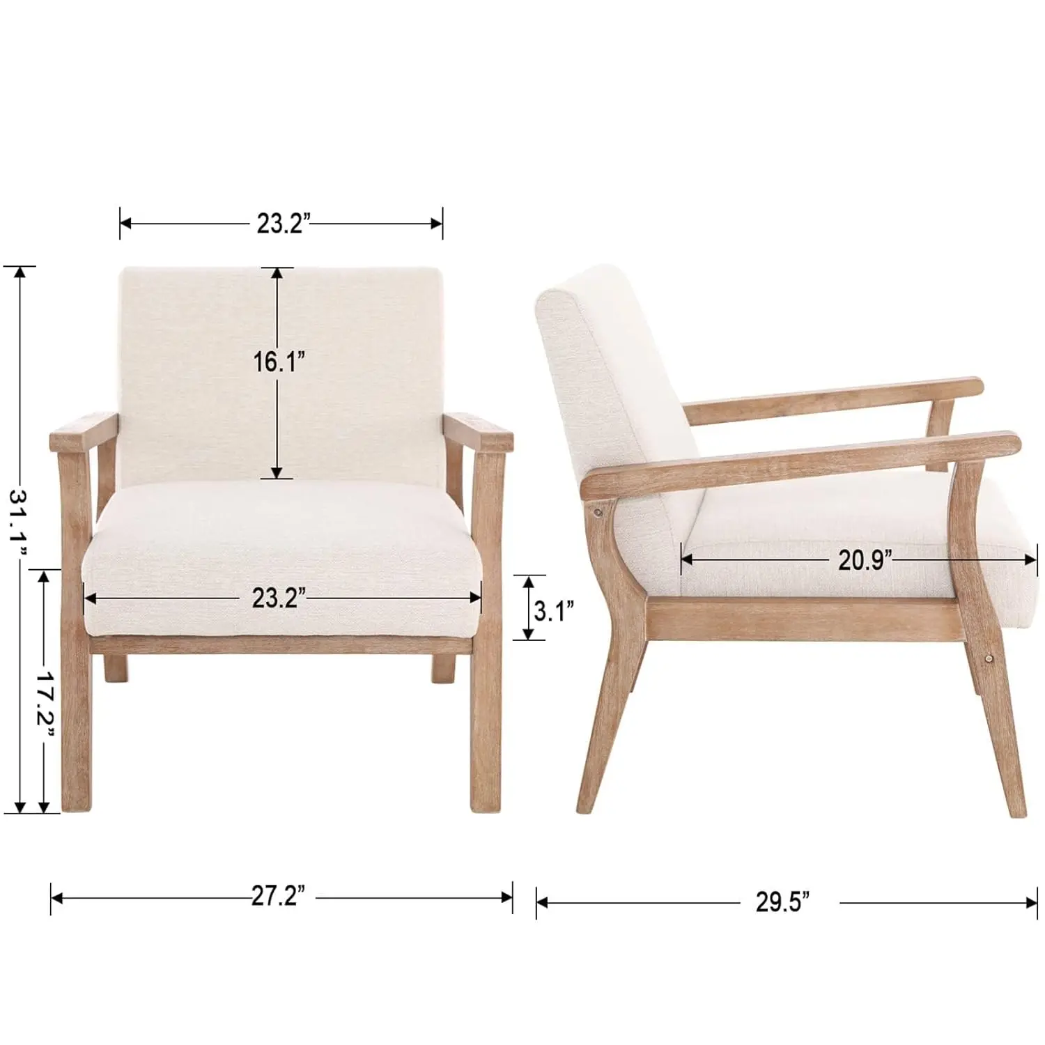 Mid Century Accent Chair Set 2 Wood Frame Linen Upholstery Living Room Bedroom Ivory Customized