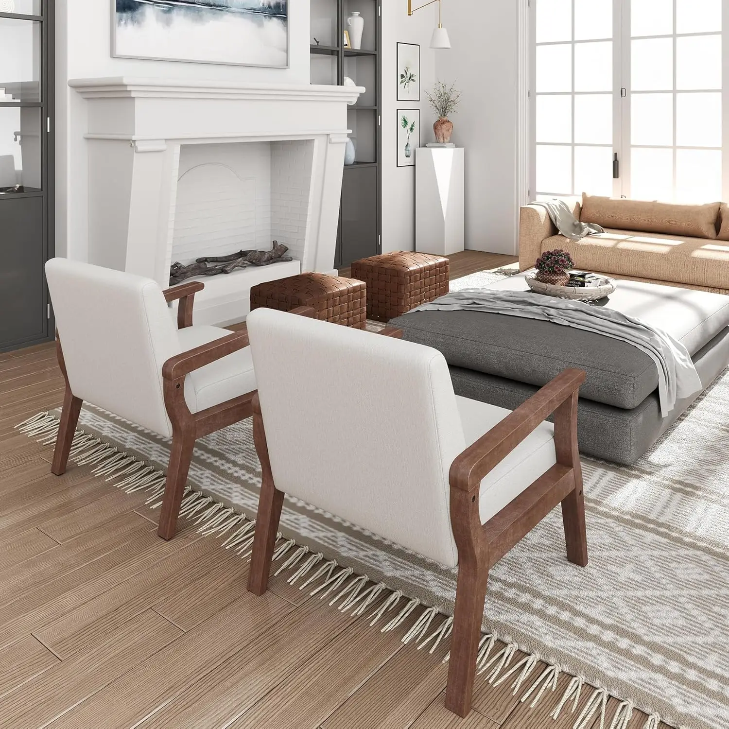 Mid Century Accent Chair Set 2 Wood Frame Linen Upholstery Living Room Bedroom Ivory Customized