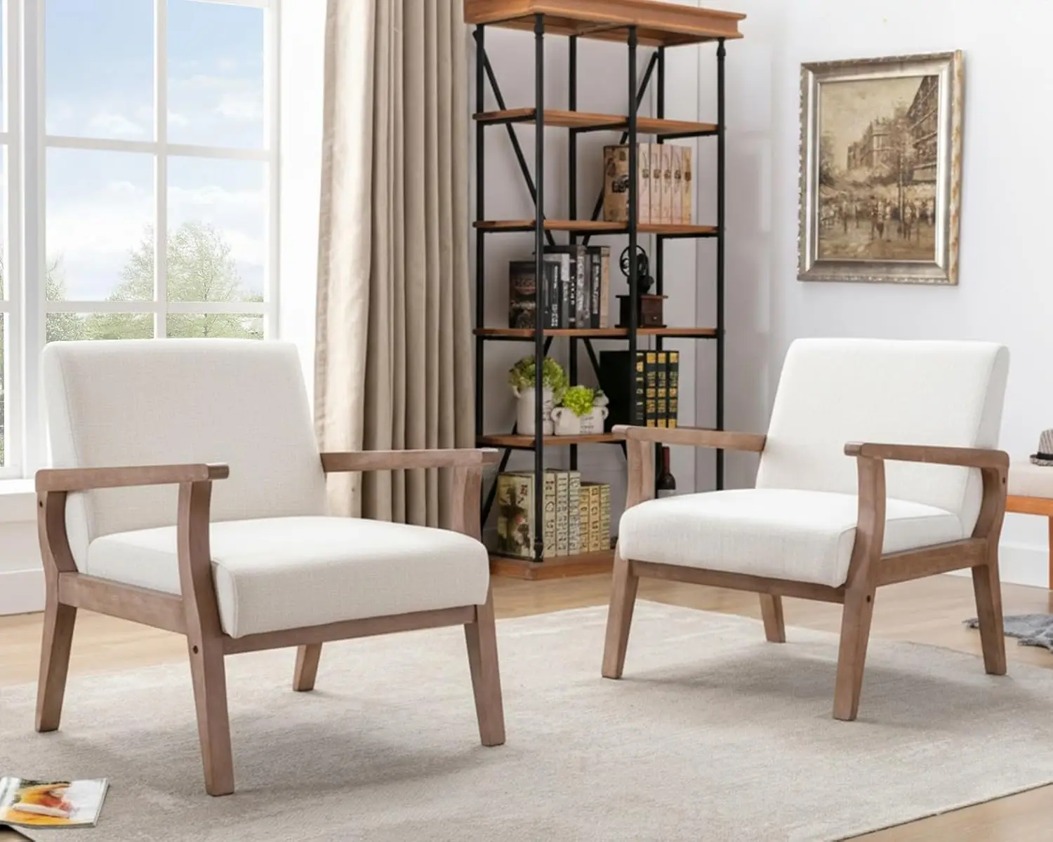 Mid Century Accent Chair Set 2 Wood Frame Linen Upholstery Living Room Bedroom Ivory Customized