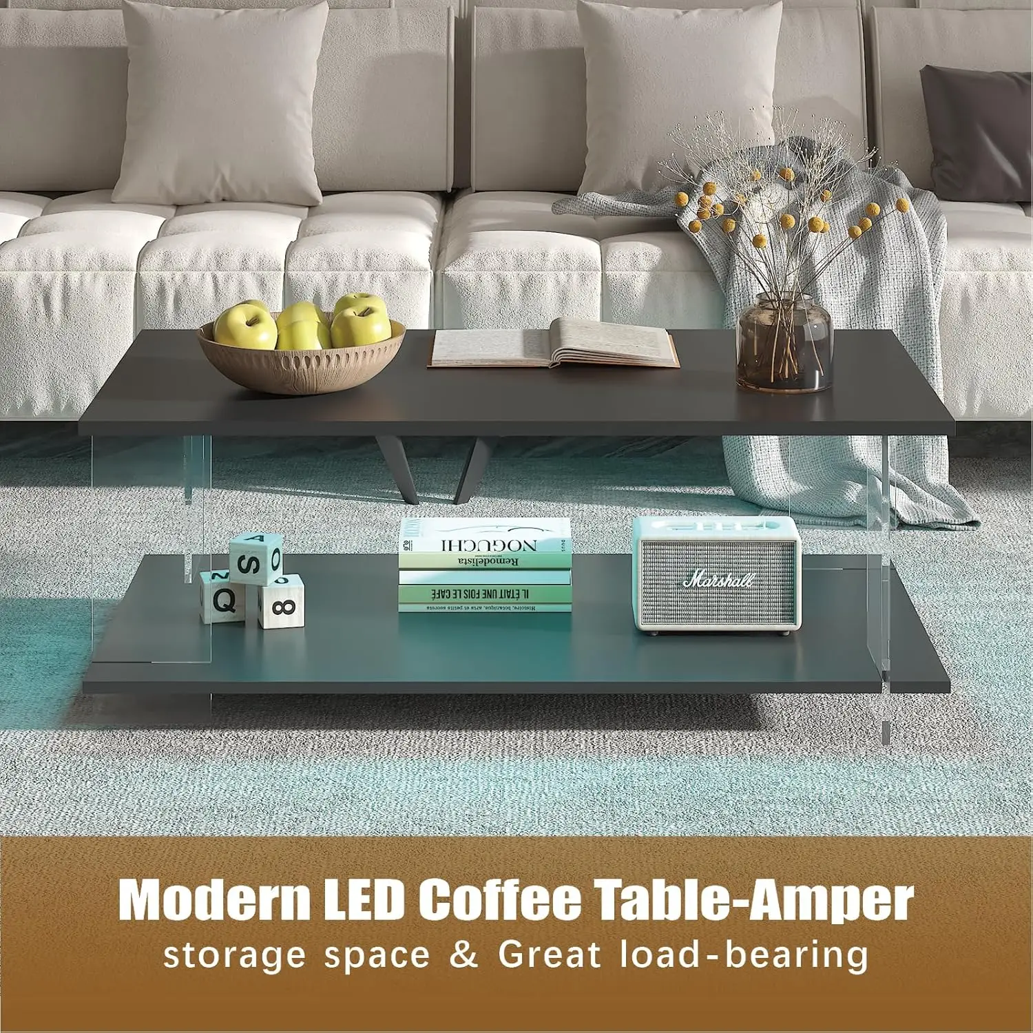 43" Acrylic Coffee Table Black Wood Top Minimalist Modern Rectangular Center Table LED Storage Shelf Small Space, Customized