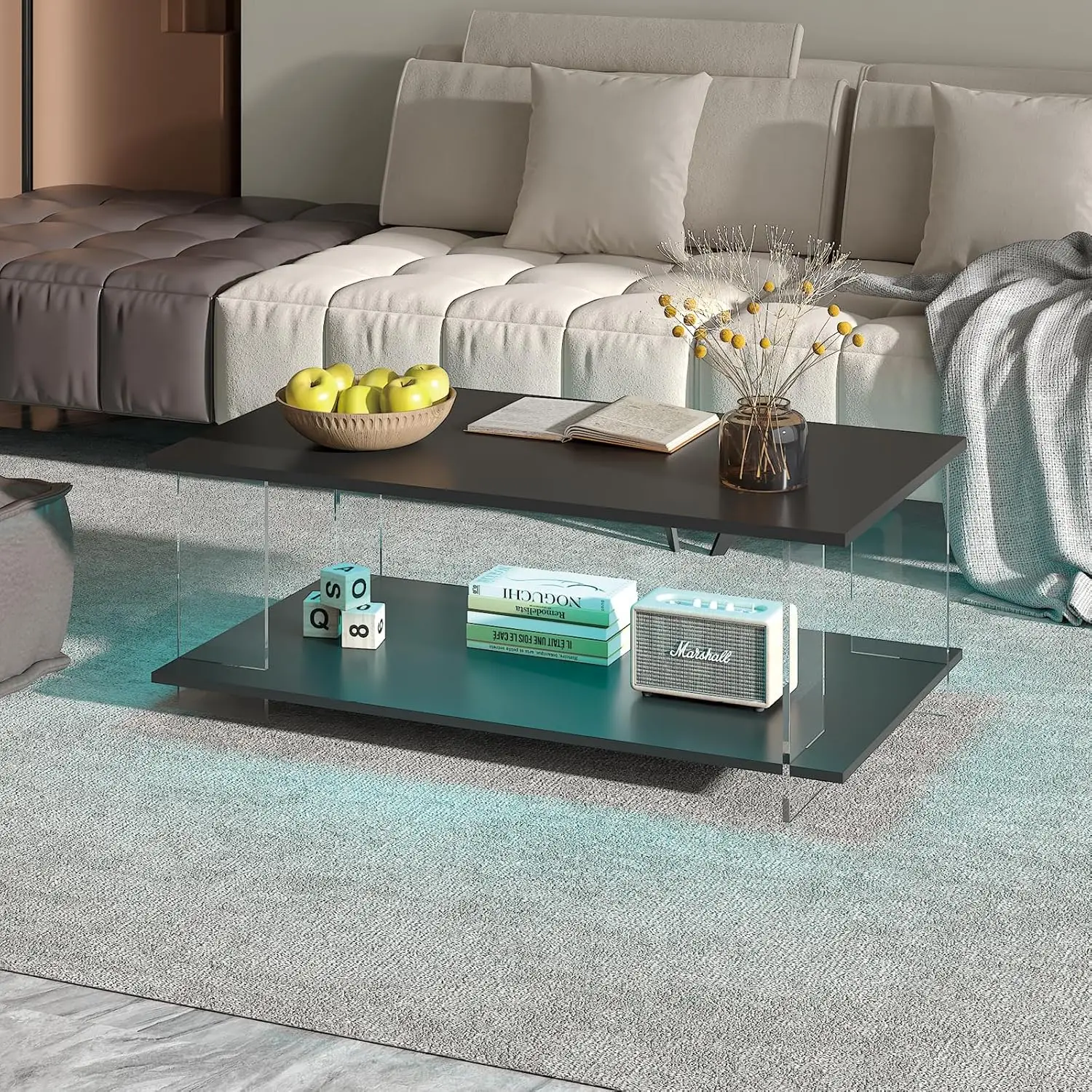 43" Acrylic Coffee Table Black Wood Top Minimalist Modern Rectangular Center Table LED Storage Shelf Small Space, Customized