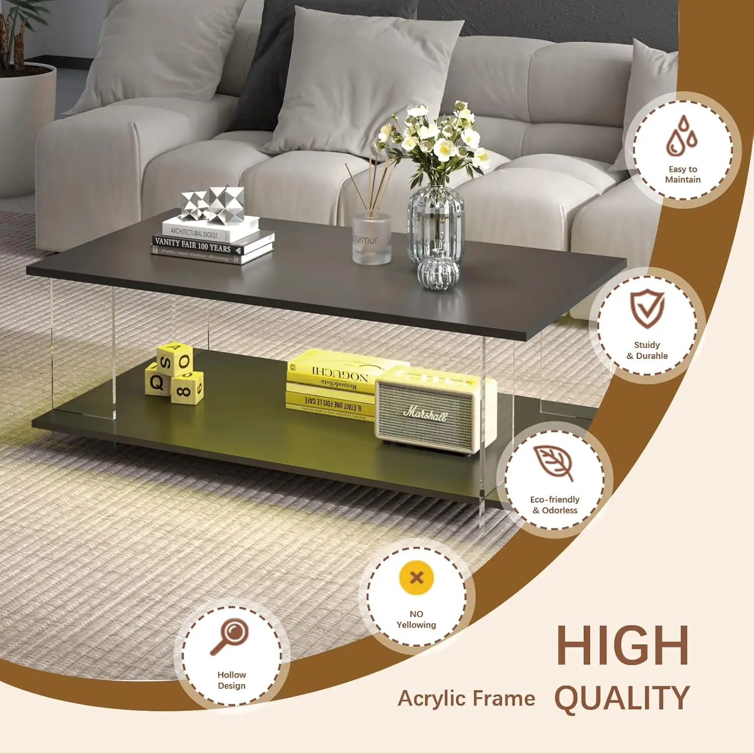43" Acrylic Coffee Table Black Wood Top Minimalist Modern Rectangular Center Table LED Storage Shelf Small Space, Customized