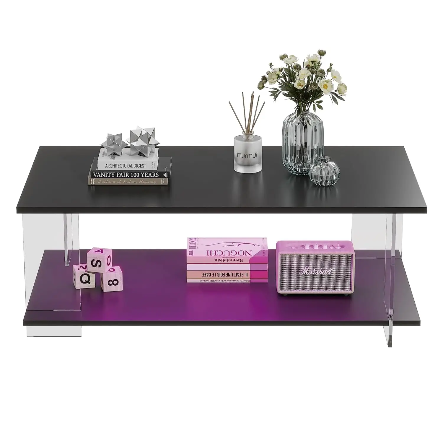43" Acrylic Coffee Table Black Wood Top Minimalist Modern Rectangular Center Table LED Storage Shelf Small Space, Customized