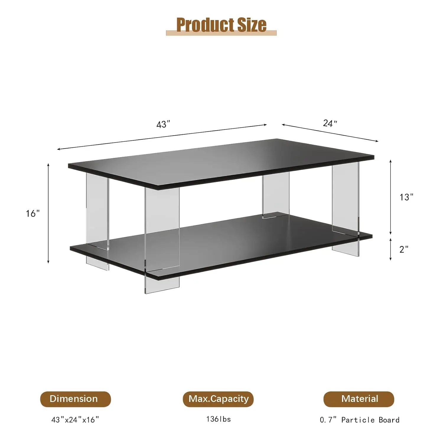 43" Acrylic Coffee Table Black Wood Top Minimalist Modern Rectangular Center Table LED Storage Shelf Small Space, Customized