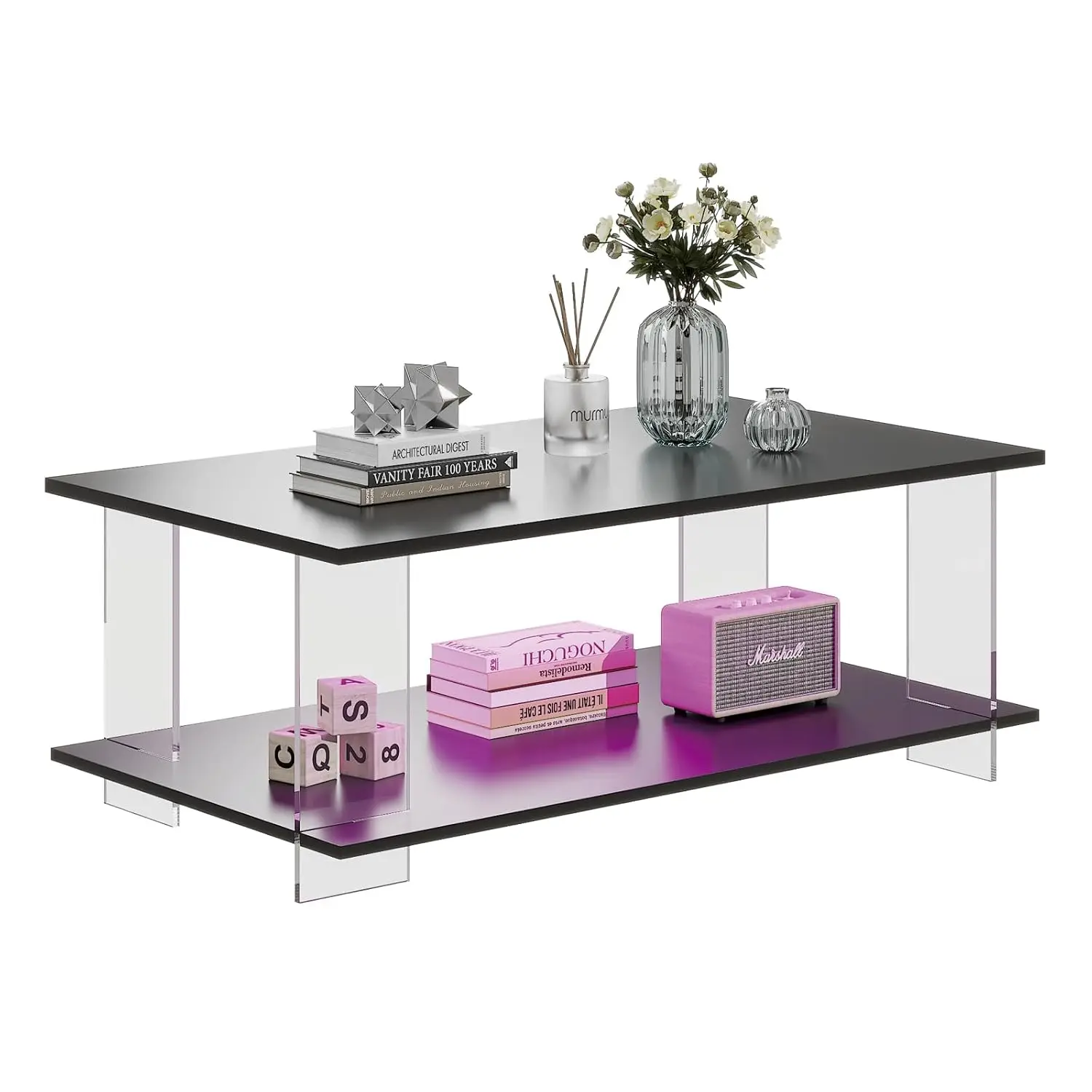 43" Acrylic Coffee Table Black Wood Top Minimalist Modern Rectangular Center Table LED Storage Shelf Small Space, Customized