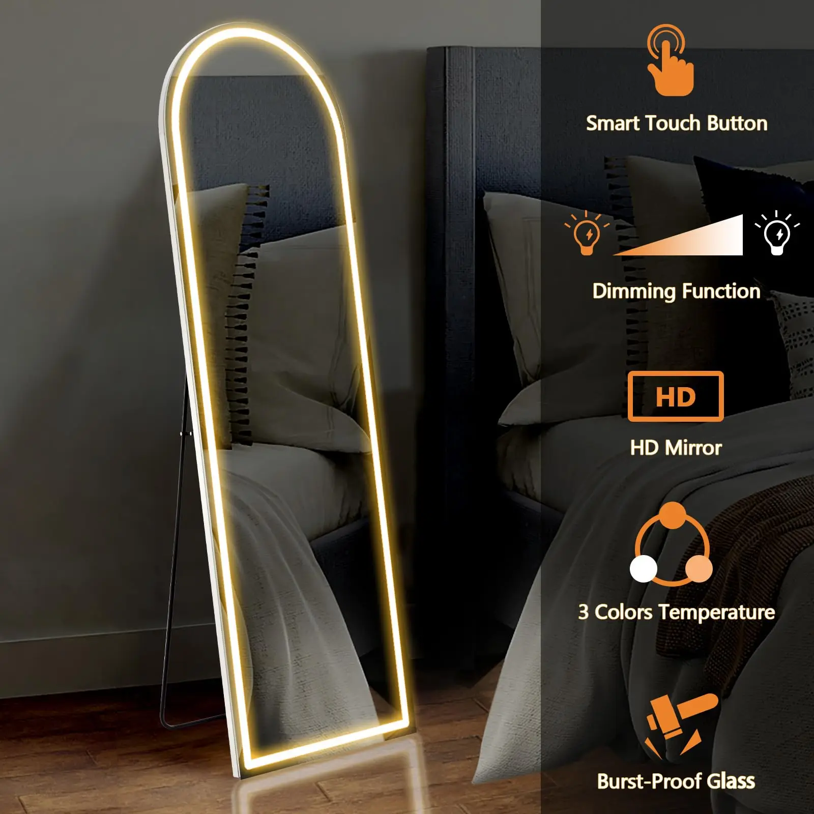JHK 63"x20" Led Full Length Mirror 3 Color Lighting Dimming Aluminum Alloy Frame Standing Hanging Floor Mirrors For Living Room