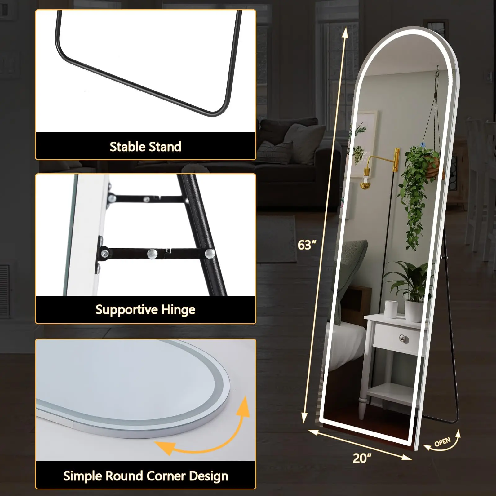 JHK 63"x20" Led Full Length Mirror 3 Color Lighting Dimming Aluminum Alloy Frame Standing Hanging Floor Mirrors For Living Room
