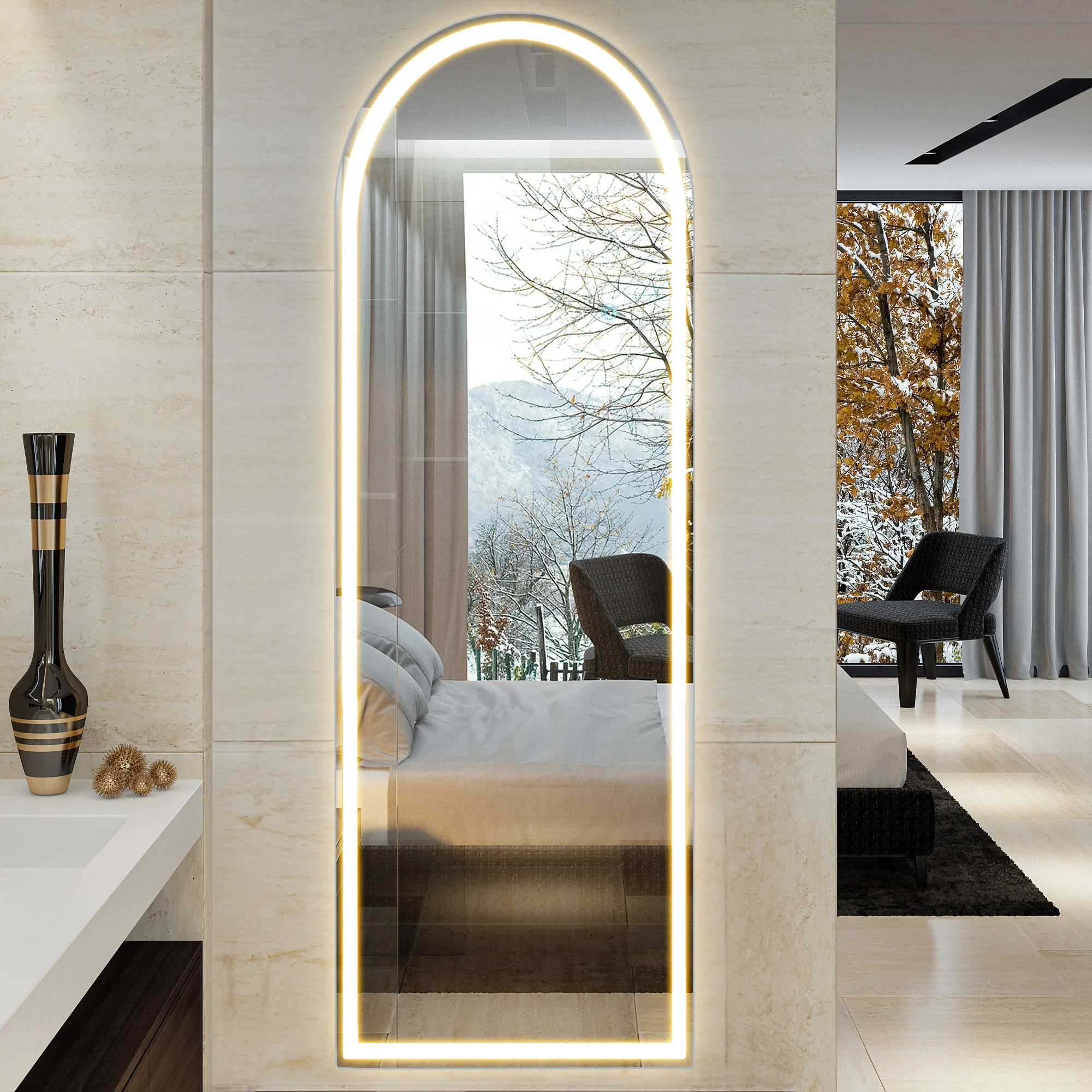 JHK 63"x20" Led Full Length Mirror 3 Color Lighting Dimming Aluminum Alloy Frame Standing Hanging Floor Mirrors For Living Room