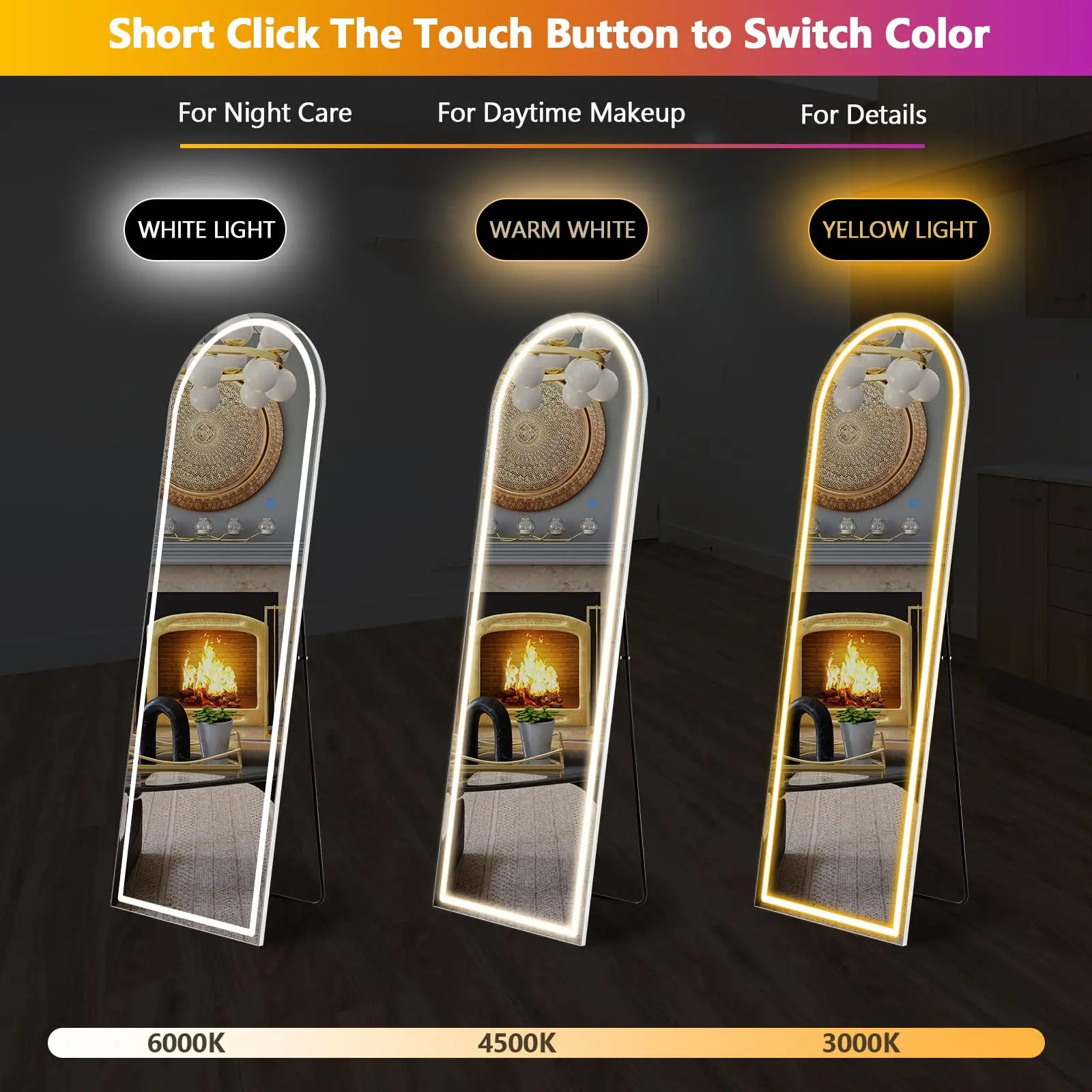 JHK 63"x20" Led Full Length Mirror 3 Color Lighting Dimming Aluminum Alloy Frame Standing Hanging Floor Mirrors For Living Room