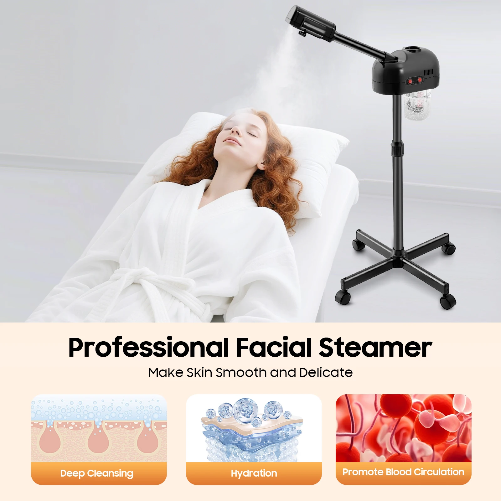 750ml Ozone Facial Steamer Height Adjustable Sprayer 360° Rotatable Movable Skin Care Equipment for Salon Beauty Spa White/Black