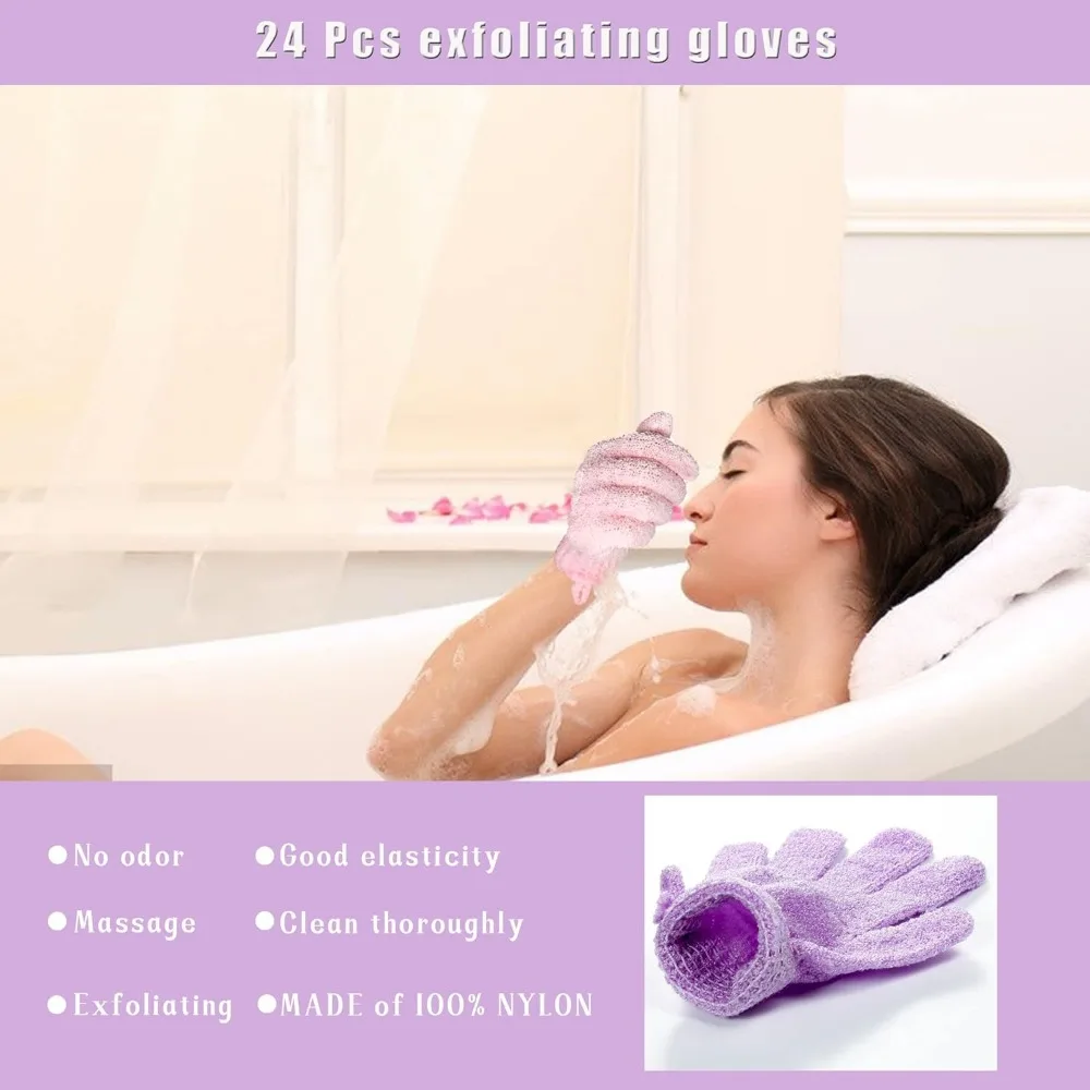 24 Pieces Exfoliating Bath Gloves, Beauty Spa Massage Skin Shower Gel Body Scrub Gloves with Loops - 12 Colors